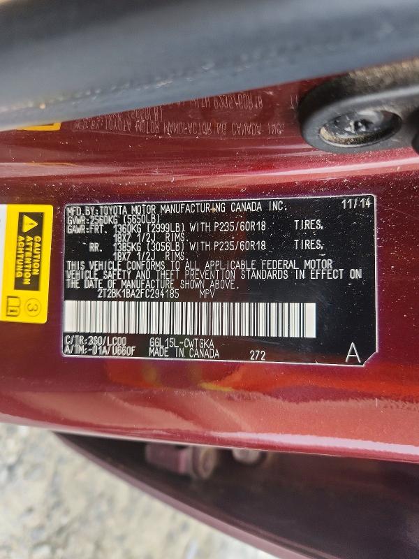 60912646 :رقم المزاد ، 2T2BK1BA2FC294185 vin ، 2015 Lexus Rx 350 مزاد بيع