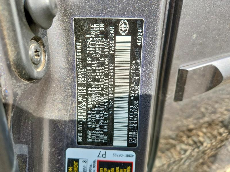 2015 Toyota Camry მანქანა იყიდება აუქციონზე, vin: 4T1BF1FK5FU078812, აუქციონის ნომერი: 59857336