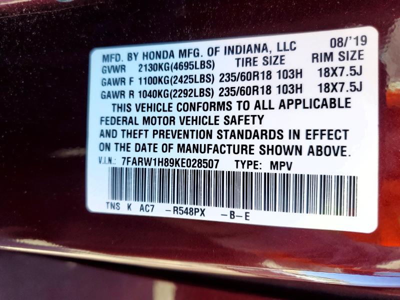 61325926 :رقم المزاد ، 7FARW1H89KE028507 vin ، 2019 Honda Cr-v مزاد بيع