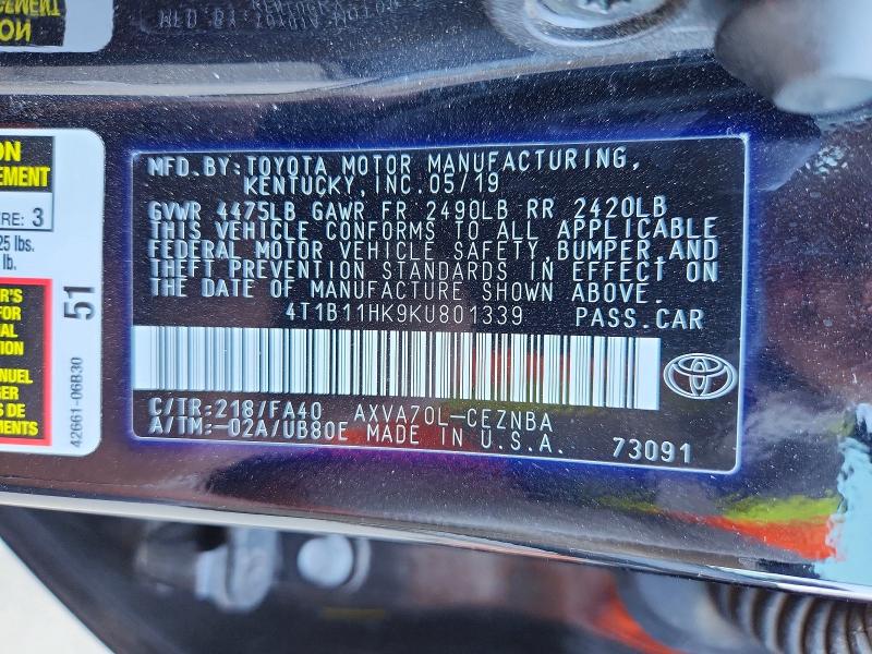Aukcja sprzedaży 2019 Toyota Camry, vin: 4T1B11HK9KU801339, numer aukcji: 60973156