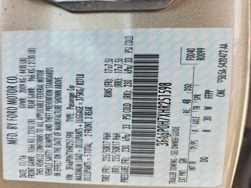 Продажа на аукционе авто 2017 Ford Fusion, vin: 3FA6P0H7XHR251598, номер лота: 61692856