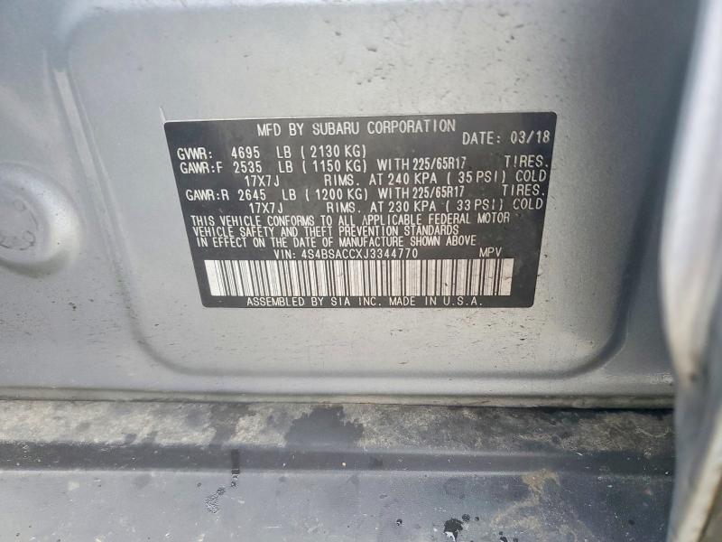 Продаж на аукціоні авто 2018 Subaru Outback, vin: 4S4BSACCXJ3344770, номер лоту: 59862736