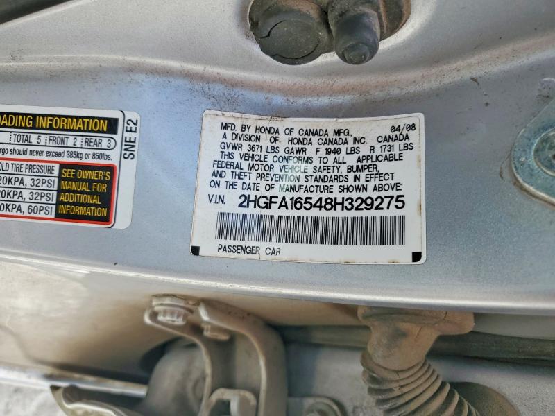 2008 Honda Civic მანქანა იყიდება აუქციონზე, vin: 2HGFA16548H329275, აუქციონის ნომერი: 62042956