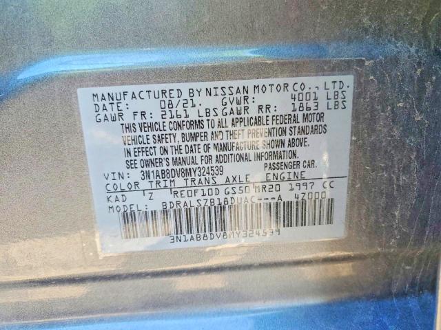 2021 Nissan Sentra მანქანა იყიდება აუქციონზე, vin: 3N1AB8DV8MY324539, აუქციონის ნომერი: 60392796