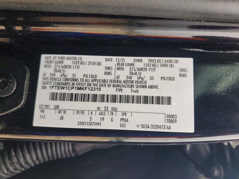 2021 Ford F150 მანქანა იყიდება აუქციონზე, vin: 1FTEW1CP1MKF12315, აუქციონის ნომერი: 61134786