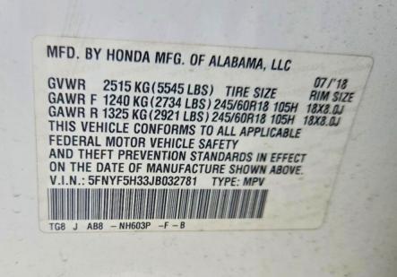 Продаж на аукціоні авто 2018 Honda Pilot, vin: 5FNYF5H33JB032781, номер лоту: 63230406