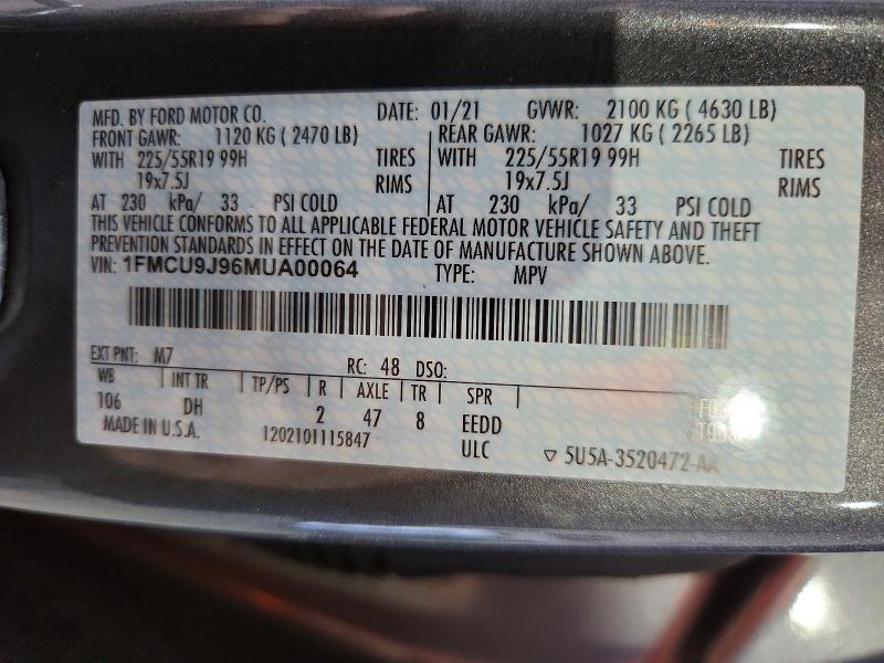 Продажа на аукционе авто 2021 Ford Escape, vin: 1FMCU9J96MUA00064, номер лота: 59870526