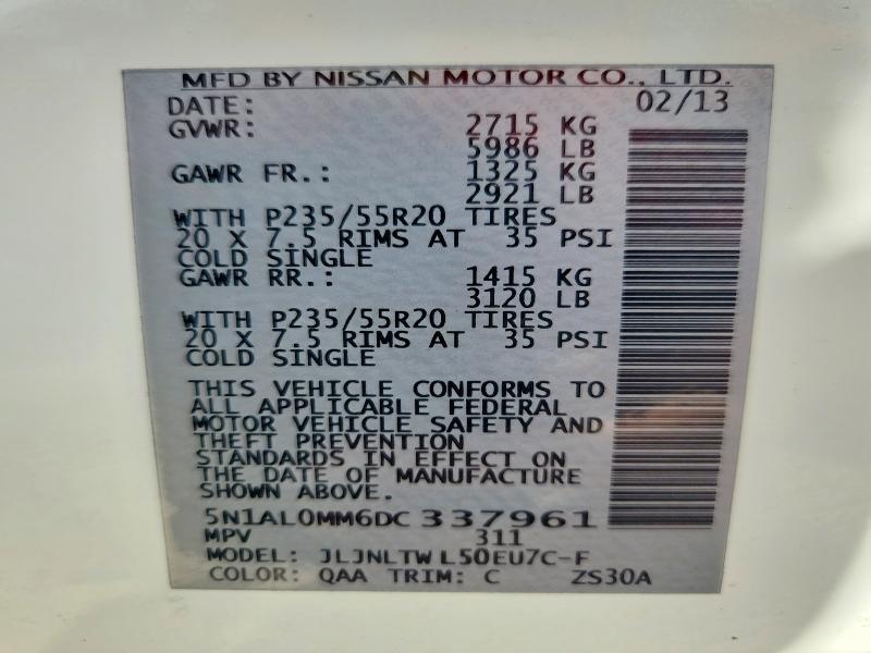 60505566 :رقم المزاد ، 5N1AL0MM6DC337961 vin ، 2013 Infiniti Jx35 مزاد بيع