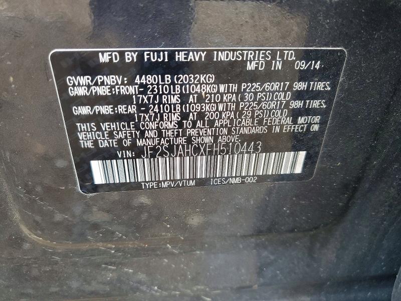 Продаж на аукціоні авто 2015 Subaru Forester, vin: JF2SJAHCXFH510443, номер лоту: 60438146