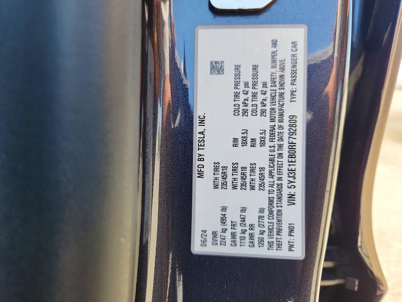 61602026 :رقم المزاد ، 5YJ3E1EB0RF792809 vin ، 2024 Tesla Model 3 مزاد بيع