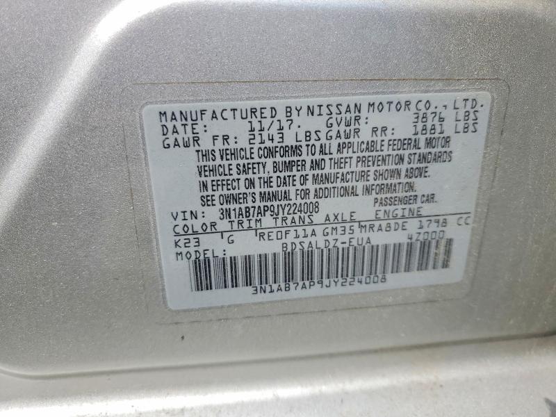 2018 Nissan Sentra მანქანა იყიდება აუქციონზე, vin: 3N1AB7AP9JY224008, აუქციონის ნომერი: 60643296