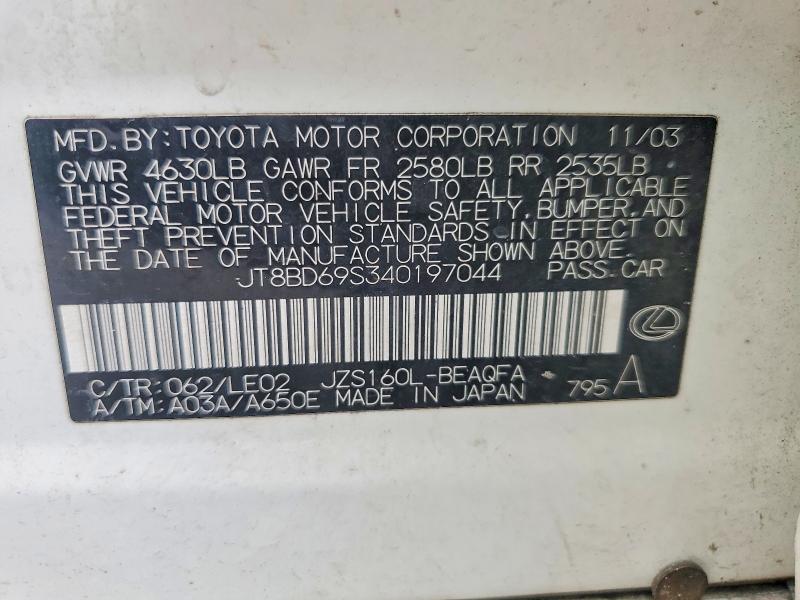 Aukcja sprzedaży 2004 Lexus Gs, vin: JT8BD69S340197044, numer aukcji: 60014066