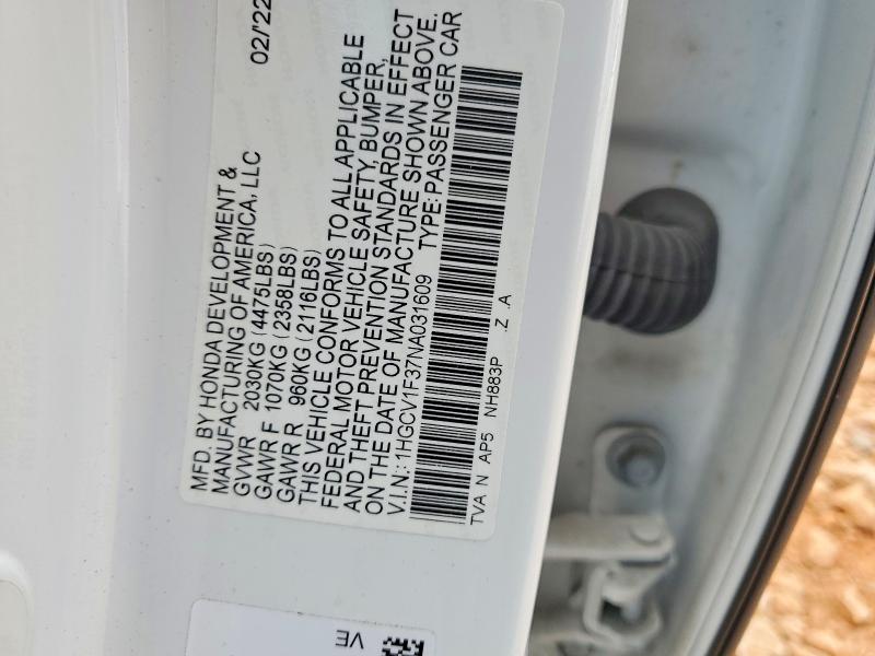 Aukcja sprzedaży 2022 Honda Accord, vin: 1HGCV1F37NA031609, numer aukcji: 60613006