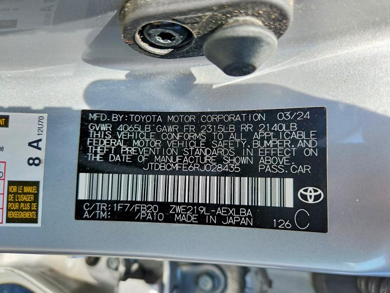 Продажа на аукционе авто 2024 Toyota Corolla Hybrid, vin: JTDBCMFE6RJ028435, номер лота: 62998776