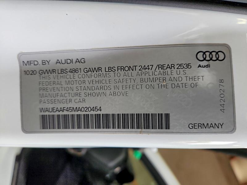 2021 Audi A4 მანქანა იყიდება აუქციონზე, vin: WAUEAAF45MA020454, აუქციონის ნომერი: 59652766