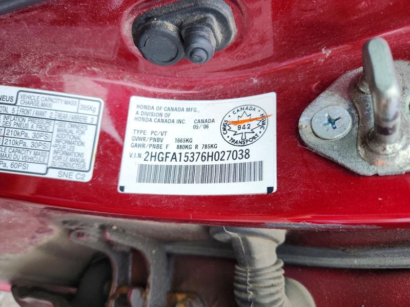 2006 Honda Civic მანქანა იყიდება აუქციონზე, vin: 2HGFA15376H027038, აუქციონის ნომერი: 60044846
