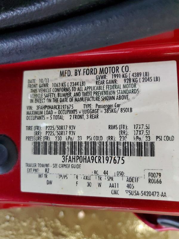 2012 Ford Fusion მანქანა იყიდება აუქციონზე, vin: 3FAHP0HA9CR197675, აუქციონის ნომერი: 62498266