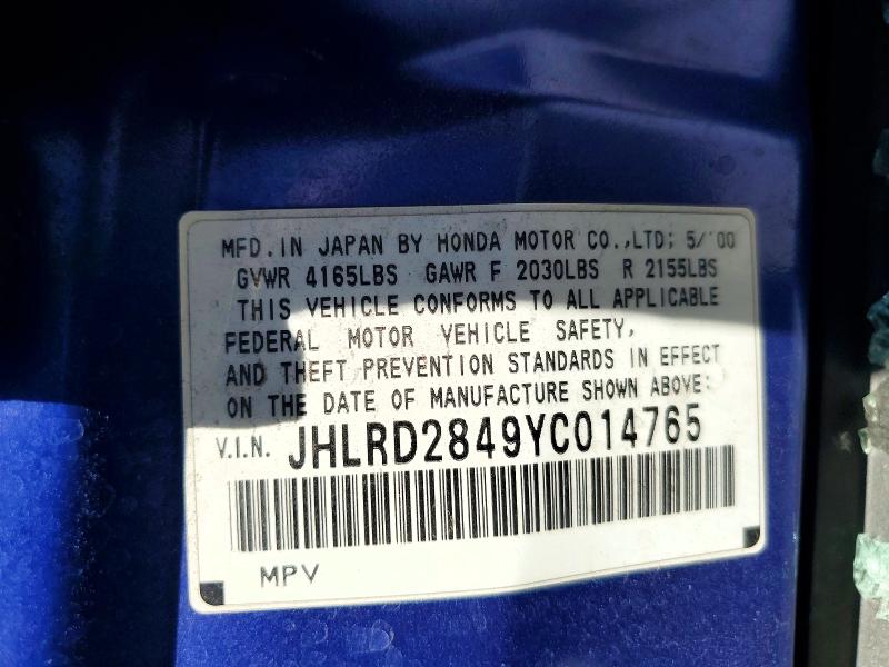 2000 Honda Cr-v მანქანა იყიდება აუქციონზე, vin: JHLRD2849YC014765, აუქციონის ნომერი: 60631936