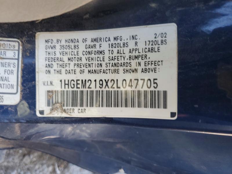 Aukcja sprzedaży 2002 Honda Civic, vin: 1HGEM219X2L047705, numer aukcji: 62453926