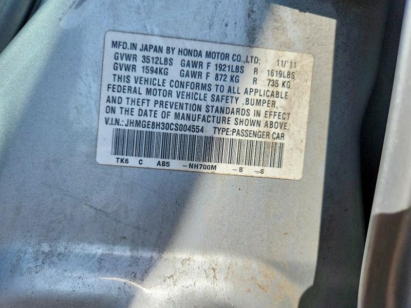 2012 Honda Fit მანქანა იყიდება აუქციონზე, vin: JHMGE8H30CS004554, აუქციონის ნომერი: 61326576