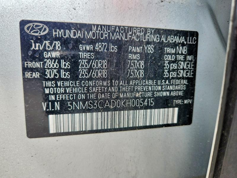 Aukcja sprzedaży 2019 Hyundai Santa Fe, vin: 5NMS3CAD0KH005415, numer aukcji: 59962596