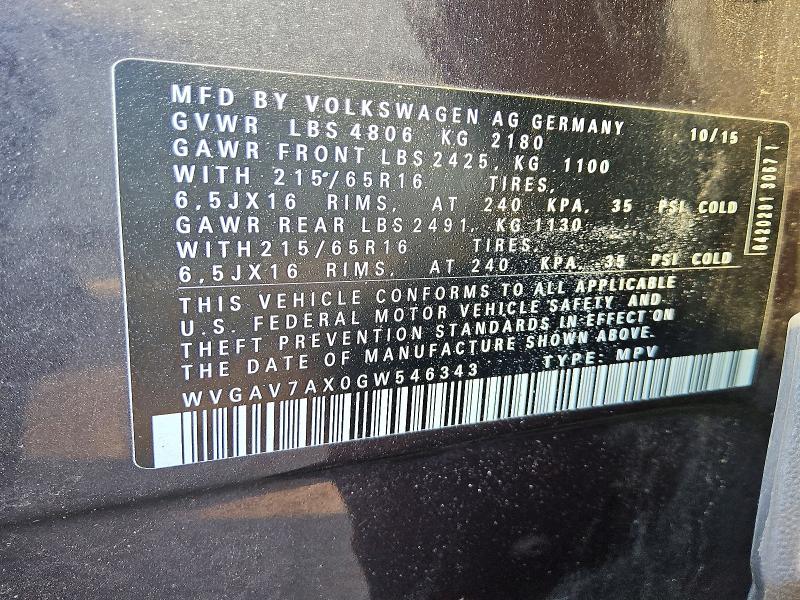Продажа на аукционе авто 2016 Volkswagen Tiguan, vin: WVGAV7AX0GW546343, номер лота: 60823906