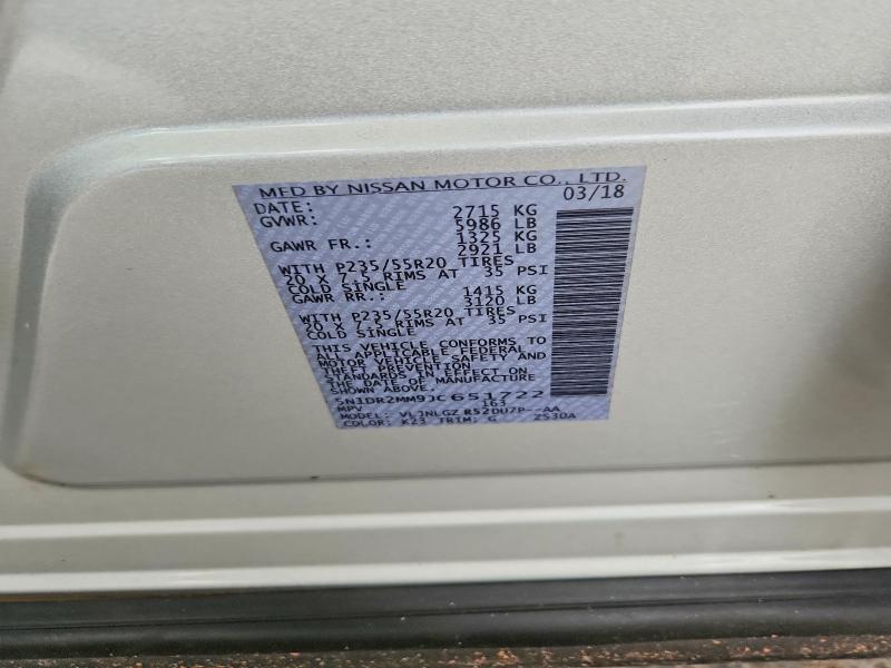 Продаж на аукціоні авто 2018 Nissan Pathfinder, vin: 5N1DR2MM9JC651722, номер лоту: 62609526