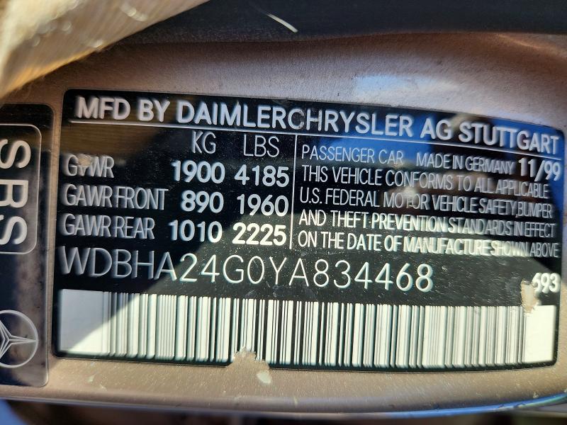 2000 Mercedes-benz C მანქანა იყიდება აუქციონზე, vin: WDBHA24G0YA834468, აუქციონის ნომერი: 61194616
