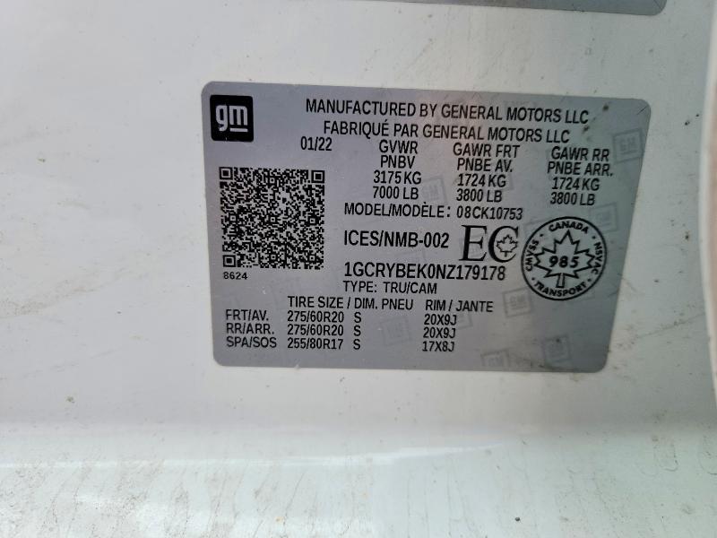 2022 Chevrolet Silverado Ltd მანქანა იყიდება აუქციონზე, vin: 1GCRYBEK0NZ179178, აუქციონის ნომერი: 59678606