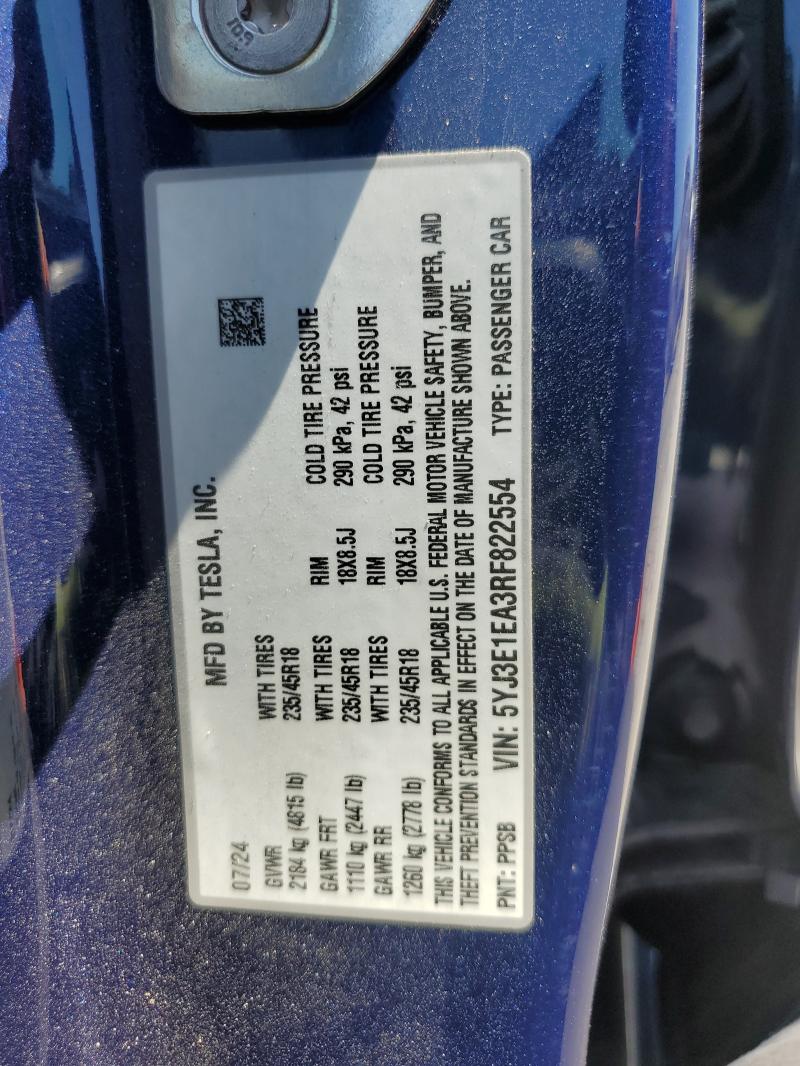 Продажа на аукционе авто 2024 Tesla Model 3, vin: 5YJ3E1EA3RF822554, номер лота: 59835826