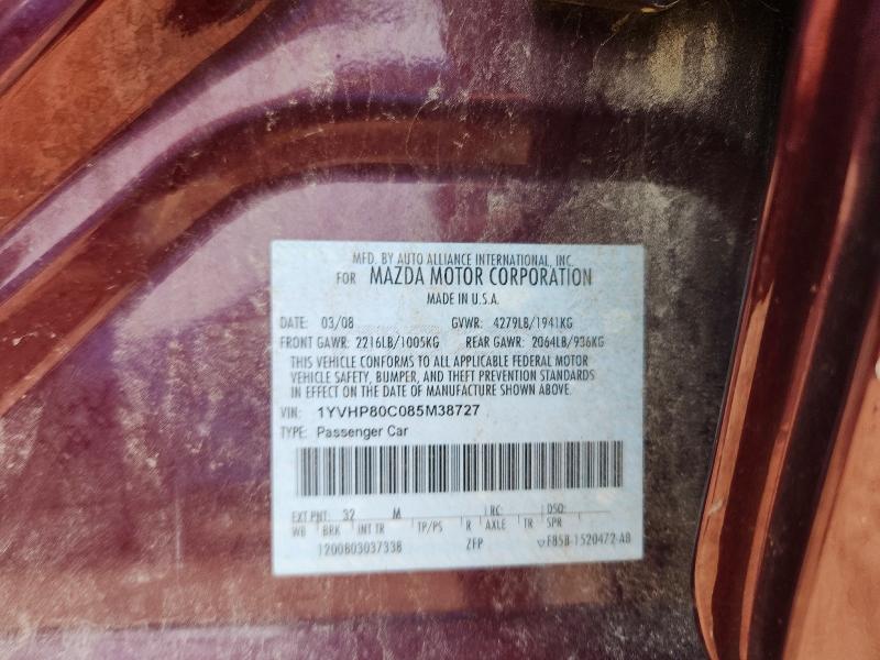 60639636 :رقم المزاد ، 1YVHP80C085M38727 vin ، 2008 Mazda 6 مزاد بيع