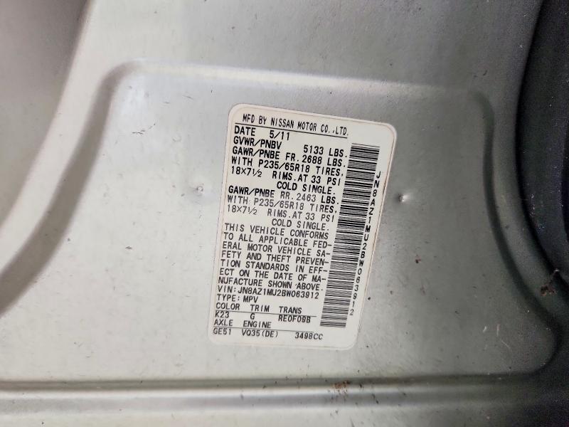 2011 Nissan Murano მანქანა იყიდება აუქციონზე, vin: JN8AZ1MU2BW063912, აუქციონის ნომერი: 60929846