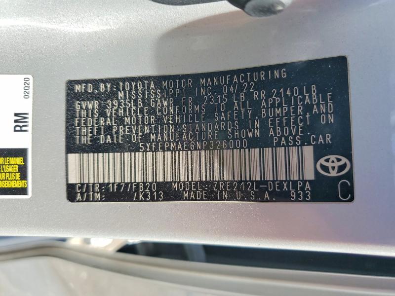 61429446 :رقم المزاد ، 5YFEPMAE6NP326000 vin ، 2022 Toyota Corolla مزاد بيع