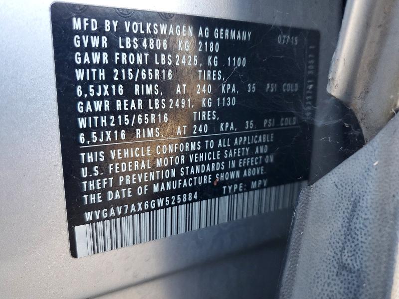 62841566 :رقم المزاد ، WVGAV7AX6GW525884 vin ، 2016 Volkswagen Tiguan مزاد بيع