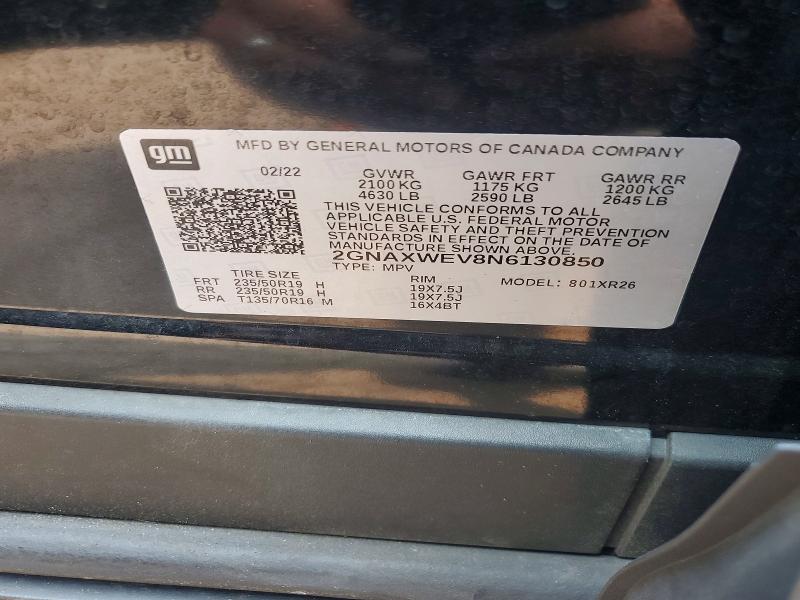 2022 Chevrolet Equinox მანქანა იყიდება აუქციონზე, vin: 2GNAXWEV8N6130850, აუქციონის ნომერი: 60309206
