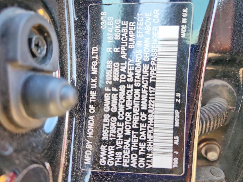 2018 Honda Civic მანქანა იყიდება აუქციონზე, vin: SHHFK7H49JU221117, აუქციონის ნომერი: 62912406