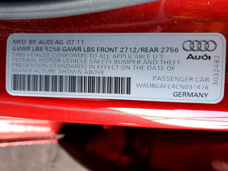 Aukcja sprzedaży 2012 Audi A6, vin: WAUBGAFC4CN031476, numer aukcji: 63417526