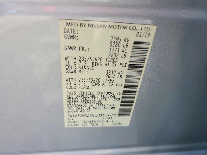 Aukcja sprzedaży 2019 Nissan Murano, vin: 5N1AZ2MS2KN108526, numer aukcji: 59740576