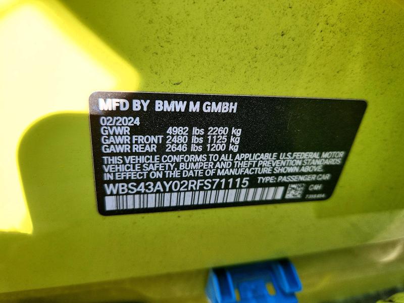 Aukcja sprzedaży 2024 Bmw M3, vin: WBS43AY02RFS71115, numer aukcji: 61071026