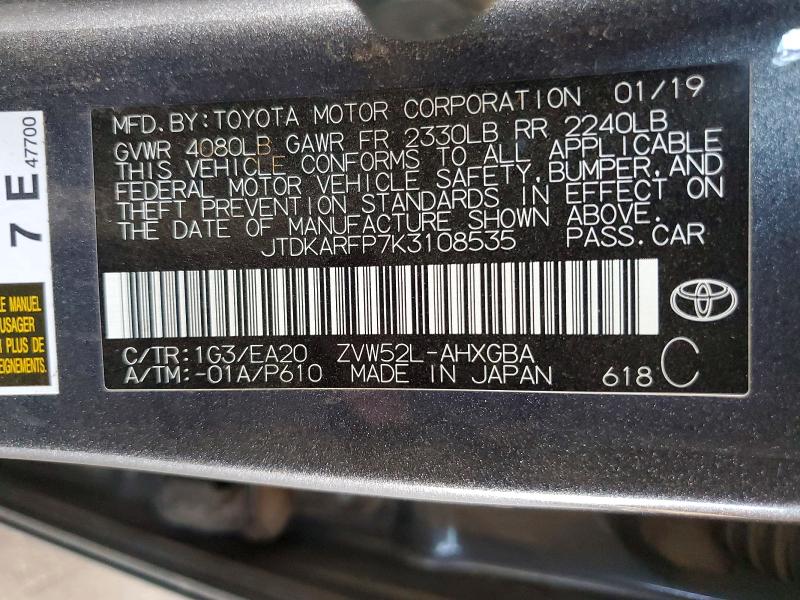 60633296 :رقم المزاد ، JTDKARFP7K3108535 vin ، 2019 Toyota Prius Prime مزاد بيع