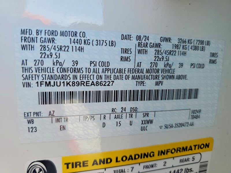 2024 Ford Expedition მანქანა იყიდება აუქციონზე, vin: 1FMJU1K89REA86227, აუქციონის ნომერი: 61153586