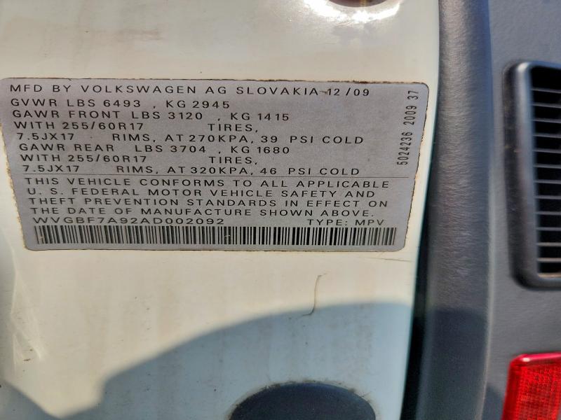 Aukcja sprzedaży 2010 Volkswagen Touareg, vin: WVGBF7A92AD002092, numer aukcji: 62216676