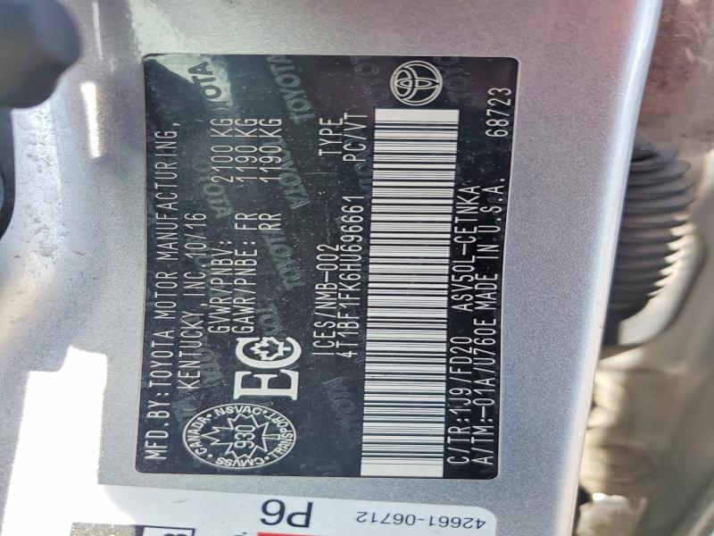 2017 Toyota Camry მანქანა იყიდება აუქციონზე, vin: 4T1BF1FK6HU696661, აუქციონის ნომერი: 61340566
