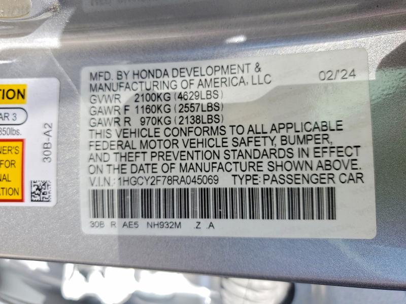 59903986 :رقم المزاد ، 1HGCY2F78RA045069 vin ، 2024 Honda Accord مزاد بيع
