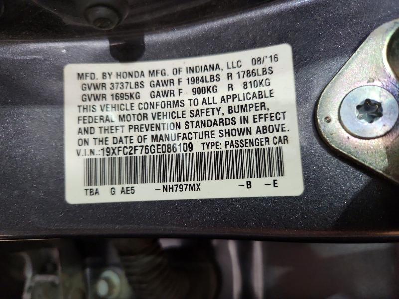 Продажа на аукционе авто 2016 Honda Civic, vin: 19XFC2F76GE086109, номер лота: 61140486