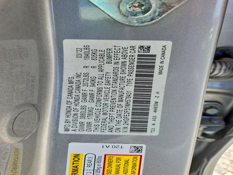 Продаж на аукціоні авто 2022 Honda Civic, vin: 2HGFE2F51NH578431, номер лоту: 59000126