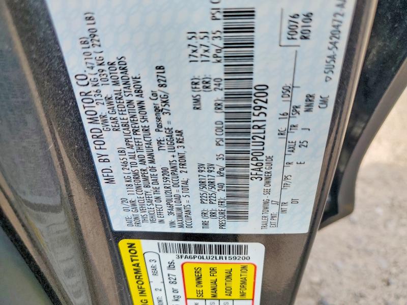 2020 Ford Fusion მანქანა იყიდება აუქციონზე, vin: 3FA6P0LU2LR159200, აუქციონის ნომერი: 61590626