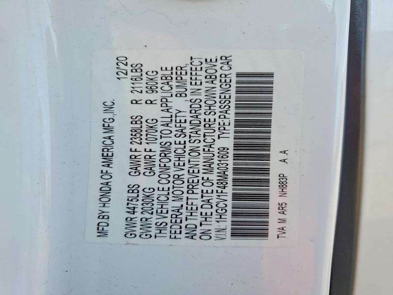 Продажа на аукционе авто 2021 Honda Accord, vin: 1HGCV1F48MA031609, номер лота: 60877276