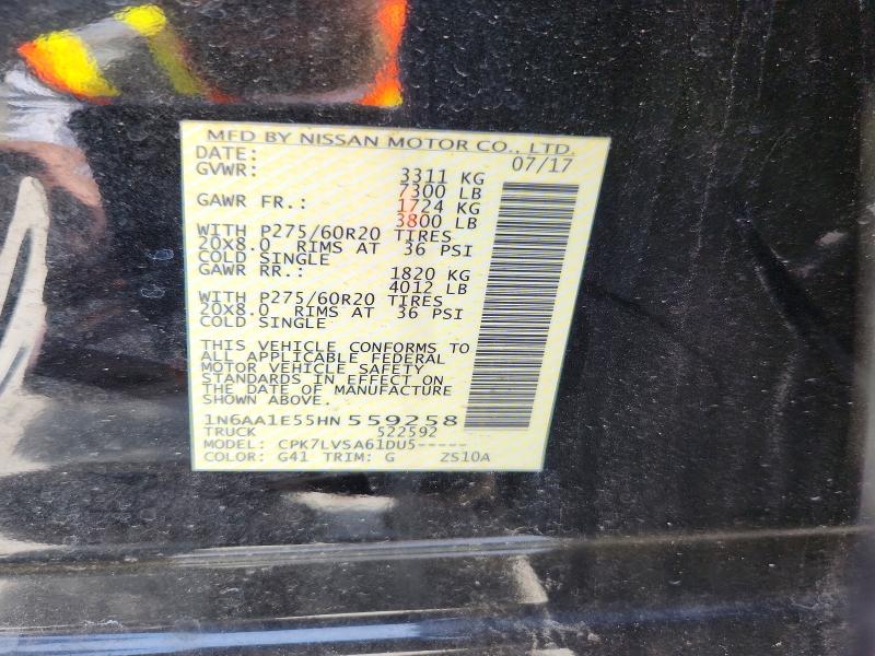 2017 Nissan Titan მანქანა იყიდება აუქციონზე, vin: 1N6AA1E55HN559258, აუქციონის ნომერი: 59977386