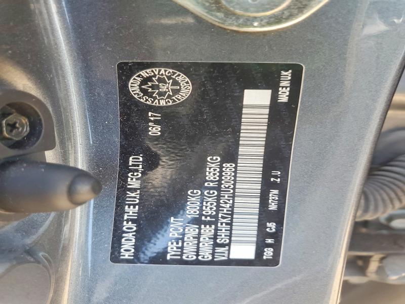 2017 Honda Civic მანქანა იყიდება აუქციონზე, vin: SHHFK7H42HU309968, აუქციონის ნომერი: 56739826